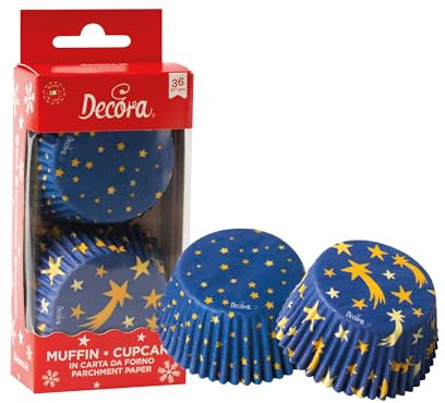 DECORA, 0339869 Pirottini per Muffin, Comodissimi per Cuocere, Presentare e Regalare Muffin, Resistente fino a 220°, Made in Italy, Fantasia Cielo Stellato, Confezione da 36 pz