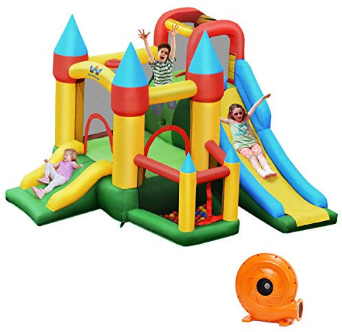 COSTWAY Castillo Hinchable, Castillo Inflable para Niños con 2 Toboganes, Área para Saltar, Canasta de Baloncesto, Bolsa de Transporte, Palitos, Kit de Reparación, 60 Pelotas (con Compresor 780 W)