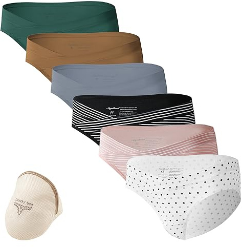 HBselect 6er Unterhosen Damen für Schwangere Unterwäsche Höschen Schwangerschaft Postpartum Slip Dunkel, Tupfen und Streifen M