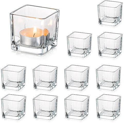 Glasseam Klar Teelichthalter Glas Satz von 12, Viereckig Teelichtgläser Klein Bulk, Kerzenhalter Weihnachten für Wohnzimmer Tisch Home Deko, Modern Kerzengläser Teelichtglas für Hochzeit Party