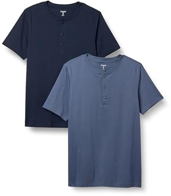 Amazon Essentials Men's Short-Sleeve Cotton Henley T-Shirt, Pack of 2, Denim/Navy, L