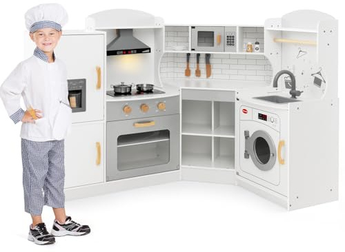 Costzon Corner Kids Kitchen Playset, Wooden Play Kitchen with Sounds & Lights, Washing Machine, Range Hood, Ice Maker, Microwave, Oven, Sink, Pretend Toy Kitchen Set for Toddler, Gift for Boys Girls