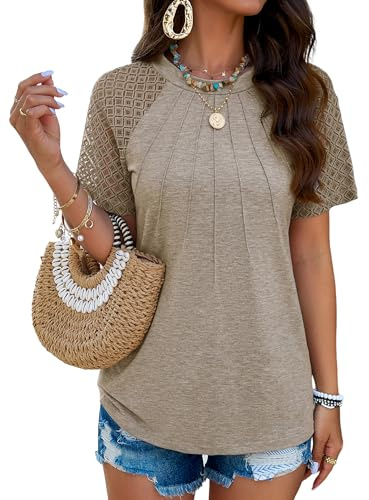 HANERDUN Top Donna Estivi Camicia Donna Manica Corta Blusa Elegante Girocollo con Maniche in Pizzo Magliette Tunica T-Shirt Casual Shirt