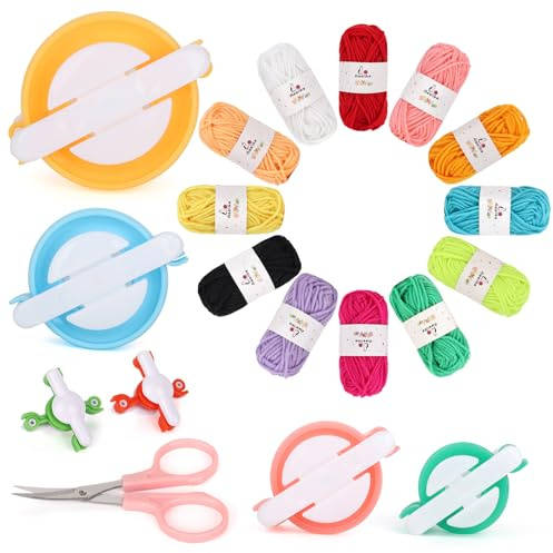 Aeelike Pom Pom Maker Kit, 19 Pack with 6 Sizes (2cm, 2.5cm, 3.8cm, 4.8cm, 6.8cm, 8.8cm), 12 Colours Yarn, Scissors, Knitting Pompom Maker for Adults, Easy DIY Fluff Balls