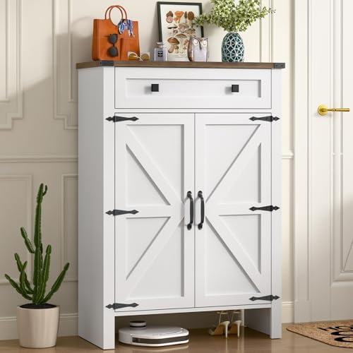 Vabches Shoe Storage Cabinet, 5-Tier Farmhouse Shoe Cabinet with Adjustable Shelves & Drawer, Wooden Shoes Rack Cabinets Storage Organizer with Doors for Entryway, Hallway, Closet, Living Room, White
