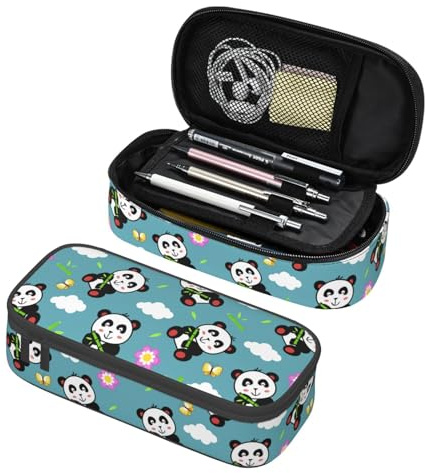 GardEssere Panda Bamboo Large Pencil Case Aesthetic Big Capacity Cute Pencil Box Pouch with Zipper Pencil Case for Girls Boys Kids Cosmetic Bag for Women for School Office Blue