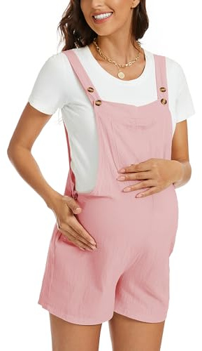 FEOYA Mono de Embarazo con Bolsillos Overoles de Maternidad Pantalones Cortos de Algodón Color Rosa Talla S