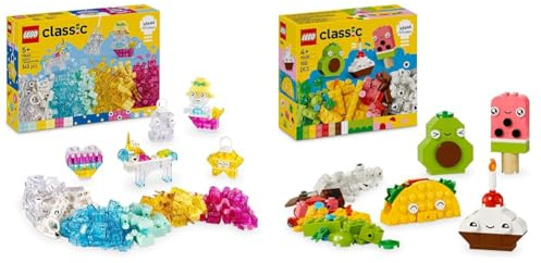 LEGO Classic Magical Transparent Box + Creative Food Friends Playset Colorful Building Bricks & Keyring Clips Set & Role-Play Toy for Boys and Girls 11040 + 11039
