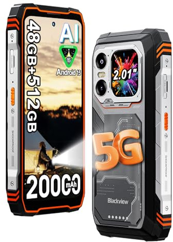 Blackview XPLORE 1 (48Go+512Go) 5G Smartphone Portable Incassable, Android 15 Téléphone Débloqué, 64MP+50MP, 6.78 FHD+ Double écran, 20000mAh Smartphone Etanche, Dual SIM/4G/5G/NFC/OTG/GPS/FM, Orange