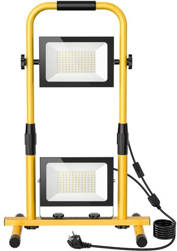 Faretto LED con treppiede regolabile, 200 W, 20000 lm, lampada da cantiere con cavo 3 m, spina e interruttore, 6500 K, luce bianca fredda, IP66, impermeabile, portatile, per officina, cantiere