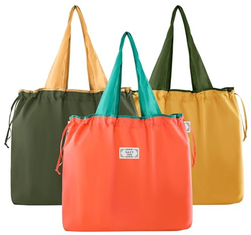 Nexlynk 3Pcs Foldable Reusable Shopping Bags 42x53 cm, Large Waterproof Tote Drawstring Shopper Washable Nylon Grocery Bags for Travel Beach Daily Use Women Mom (Orange Green Yellow)