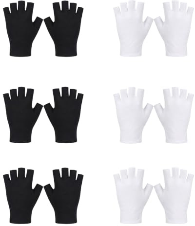 Mitaine Coton Sans Doigts, 6 Paires Gant Anti UV Femme Homme Noir Blanc
