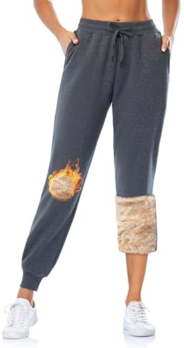 MOVE BEYOND Pantalon de Jogging en Polaire Femmes avec 2 Poches Longue Pantalon de Chaud Doublé en Sherpa avec Cordon Sweatpants Hiver, Gris, Doublure Polaire, XS