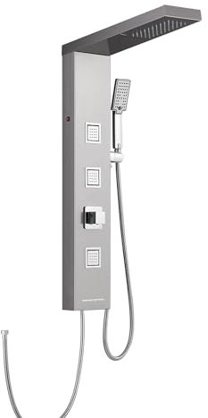 ROVOGO LED Duschpaneel ohne Armatur, 4 Funktionen Duschpaneel mit Regendusche, Massagedüsen, Handbrause und Wanneneinlauf, Schmal Duschsäule Edelstahl, Gebürstet
