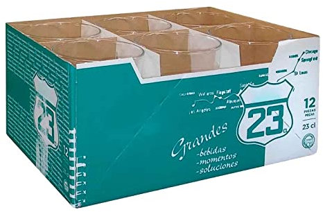 Tradineur – Boîte de 12 verres modèle Route – 23 cl – Fabriqué en verre résistant – Passe au lave-vaisselle – 12 unités au total