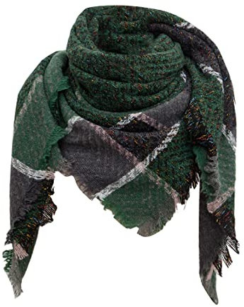 Damen Schal Warm Weich Strickschal Karo Winterschal Herbstschal Frauen Deckenschal Halstuch Scarf Herbst Winter klassischer Quasten-Plaid-Schal, Warmer, weicher, Dicker, Großer (Green, One Size)