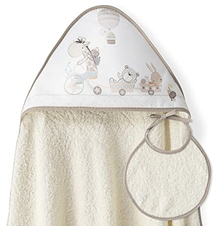 Interbaby - Capa de Baño Bebe Beige + Babero | Toalla Bebe con Capucha 100% Algodón, 100x100cm, Unisex | Suave, Cómoda, Ideal Recién Nacidos, Bebes y Niños Pequeños | Diseño Jirafa Bicicleta