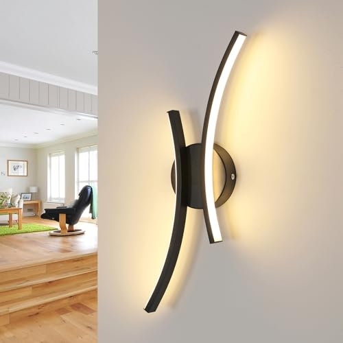 Goeco Modern LED Wall Light, 20W Black Indoor Wall Lamp with 2 LED Strips, 3000K Warm Light, Curved Design LED Wall Sconce in Acrylic for Bedroom, Living Room, Corridor, Hallway