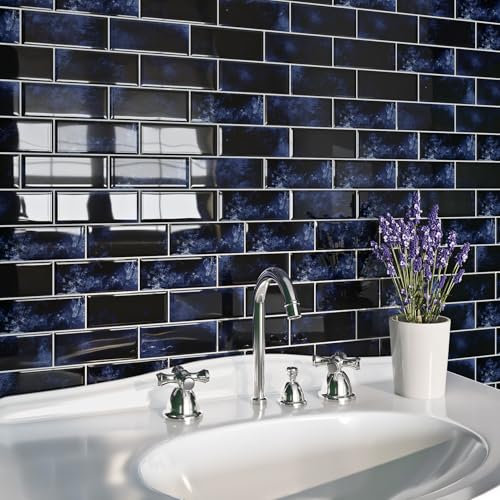 Livelynine Azulejos Adhesivos Cocina 3D Azul Oscuro Baldosas Adhesivas Pared Cocina Color Azul 30x30CM Azulejos Adhesivos Baño Marmol Lavable Vinilos Baño Azulejo 3D Resistentes al Agua, 4 Losetas
