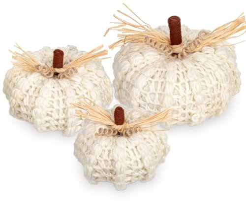 Hollyone Herbst Dekoration Kürbis Set, 3er Set Künstliche Kürbis Groß Halloween Kunstkürbis, Weiße Strickkürbisse Indoor für Heimdeko, Halloween Dekoration, Herbstdeko, Thanksgiving Deko, Tischdeko
