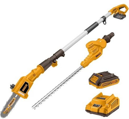 INGCO Cordless 2-in-1 Pole Hedge Trimmer and Pole Saw 20V Trimmer 46cm Laser Cut Blade, Pole Saw 8(20cm) Bar, with 2.0Ah Battery and Charger CPTS201681