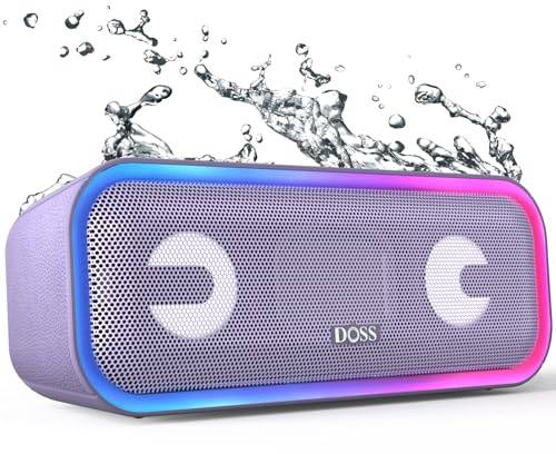 DOSS SoundBox Pro Bluetooth Speaker, 20W Stereo Sound, Active Extra Bass, 20H Playtime, Multi-Colors Lights, Wireless Stereo Pairing, IPX6 Waterproof for Garden, Hiking, Camping -Purple