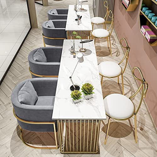 Maniküretisch mit weißem Marmordruck und goldfarbenen Metallbeinen, stilvolle doppellagige Werkbank für Nageltechniker, perfekt für Salon-Profis