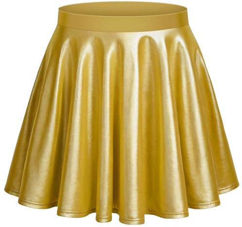 Aomig Mädchen Basic Solid Vielseitige Metallischer Faltenrock Outfits Damen Kurze Informell Gold Mini Skater Rock Dehnbaren Glocken Rock Cosplay Party 80er Festival Kostüm Hohe Taille Plisseerock (L)