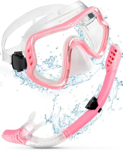 Professional Dry Snorkel Set PC Glass Lenses Anti-Fog Scuba Diving Mask Wide-Angle Panoramic High Definition Effortless Breathing Ideal for Adults and Youth Pink