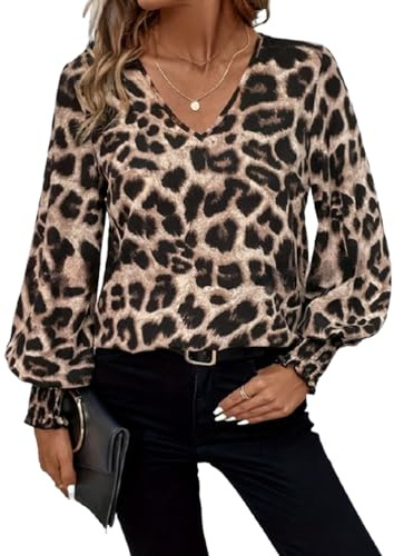 BSLVWG Femmes Leopard Imprimer Manches Longues V Cou Blouses Casual Tunique Chemises Chemise en Mousse avec Manche Lanterne (FR/ES, Alpha/Lettres, XXL, Taille Normale, Taille Normale)