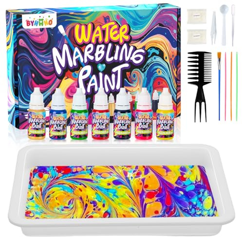 BYHANO Wasser Marmorierfarbe für Kinder 6-12, Bastelset mit 7 Farben & Anleitung, Kreatives STEM Spielzeug zur Förderung von Kreativität & Feinmotorik,Beliebtes Geschenk für Jungen und Mädchen