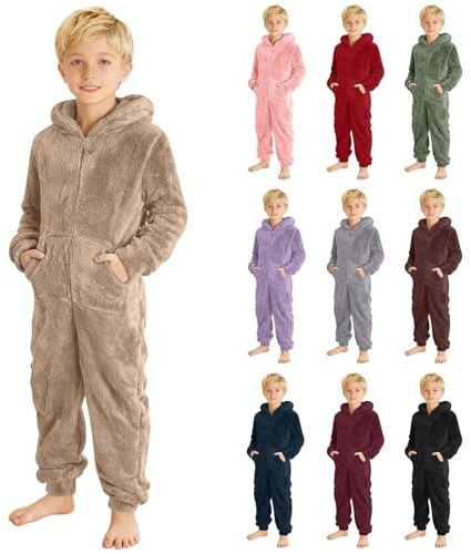Tuta da notte jumpsuit in pile peloso per bambine e bambini, completo con cappuccio per bambini con tasche, tinta unita, con cerniera, pigiama peloso, autunno inverno imbottito, caldo pigiama intero