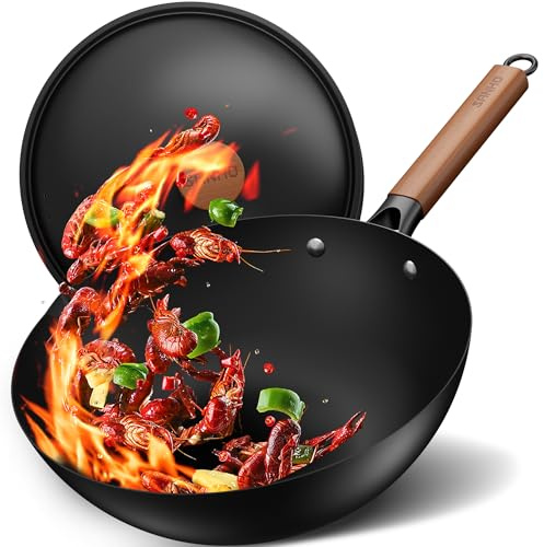 Sanho Carbon Steel Wok with Lid - 32cm/4.7L Non Stick Wok, Pre-Seasoned & 0 Chemical Coating, Healthy Stir Fry Pan for All Hobs (Gas, Induction (<800W), Electric, Ceramic), Multipurpose Cooking