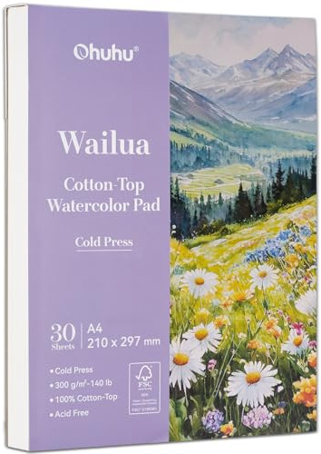 Ohuhu Carta ad acquerello, formato A4, 30 fogli, 300 g/m², pressata a freddo, 100% cotone, con tecnologia brevettata, blocco multimediale misto senza acidi, per acquerello, inchiostro e guazzo