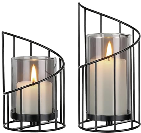 Niboow Decorativo Candelabros Negro 2 Piezas (Velas No Incluidas), Base de Metal con Cilindro de Cristal Faroles Juegos Candelabros/Jarrón para Velas, Flores Secas, Salón, Jardín, Navidad Portavelas