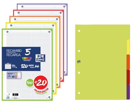 Oxford, Pack Recambio 5 5x5 Cuadriculado, 100+20 hojas, Separadores de plástico 5 posiciones, colores vivos