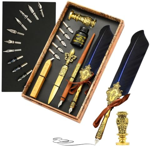 Fjäderpenna och bläckset | Vintage kalligrafi Dip Pen Kit | Fjäder kalligrafi penna bläckset med ersättningsspetsar, bläck, vaxtätningsstift, stämpel, dip penna presentset