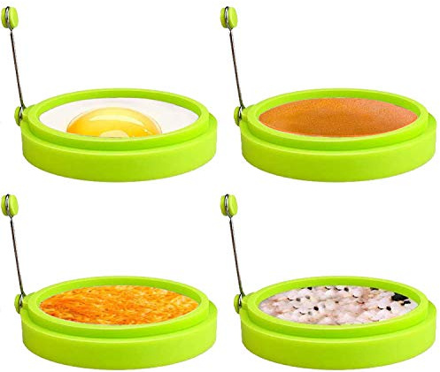 HengLiSam 4 Anelli per Uova per Friggere, Stampi per Uova Fritte in Silicone Antiaderente da 10 Cm, Anello Rotondo per Cucinare Uova Perfette, Pancake, Manico Resistente al Calore (Verde)