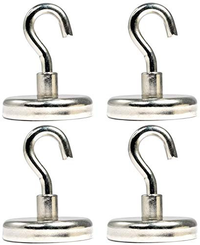[4 Stück] Magnethaken - Neodym Magnet Haken - 42mm - 70 KG extra Stark -Topfmagnet mit Gewinde M6- Magnethalter mit Haken zum aufhängen - Runde Flachgreifer