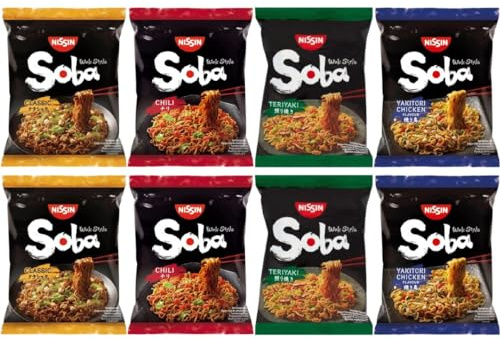 Nissin Soba Instant Noodles Wok Style 8 porzioni sapori misti assortiti (classico, peperoncino, pollo yakitori e teriyaki), | Selezionato da CNMART
