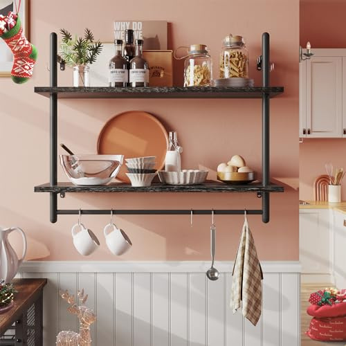 Bestier shelf Industrial Floating Shelving 31 Kitchen Wall-Mounted Towel Bar Hooks Coffee Bar Wine Hanging Display Rack Living Room Decor Bathroom-Charcoal Black