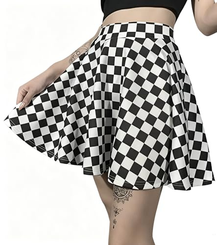 DINGJIUYAN Women's Checked Pleated Skirts - Classic Black and White A-Line Mini Skirt with Stretch Waist Flared Skater Outfit