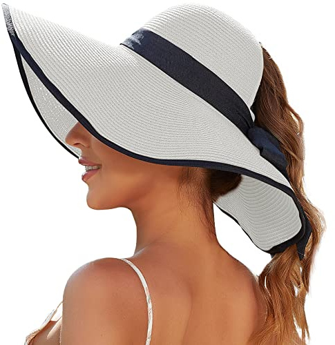Sun Beach Hats for Women with Ponytail Hole Straw Summer Floppy Wide Brim Packable Sunhat Foldable Sun Protection White