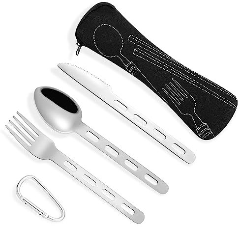 Fuyamp 3Pcs Camping Cutlery Set with Portable Pouch Case, Stainless Steel Flatware Camping Utensils Set for Knife, Fork and Spoon Set with Carabiner for Travel Hiking Picnic Office School
