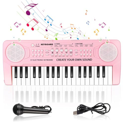 Shayson Keyboard Piano for Kids 37 Keys Music Piano with Microphone Portable Musical Toy Electronic Piano Birthday Gifts for Girls Ages 3-12 Pink, NO.9127-PK
