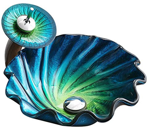 MBROS Lavabo de Salle de Bain lavabo en Verre trempé Coquillage Vasque lavabo avec Cascade Robinet chromé combiné et vidange d'évier escamotable (Color : Blue, Size : 45x45x15cm)