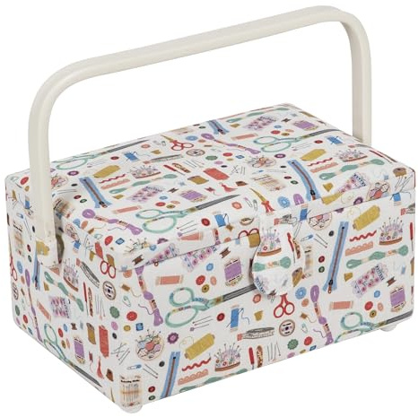 Hobby Gift Medium Sewing Box Craft Storage Box with Handle Internal Accessories Tray Pin Cushion and Pocket for Sewing Knitting and Hobby Supplies