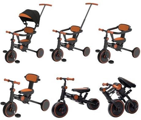 vickey 6 in 1 Kinderdreirad für 1-6 Jahre Laufrad Dreirad Lauflernhilfe Lauffahrrad mit Schubstange, Lenksystem Stange, Radkupplung, abnehmbare Pedale & höhenverstellbarer Sitz + Sonnendach, Schwarz