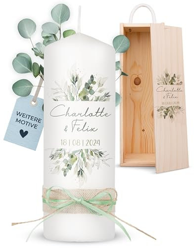 AMARI ® Hochzeitskerze personalisiert Pflanzwelt 20/7 cm- Traukerze Hochzeit - Hochzeitskerze Standesamt - Hochzeitskerze mit Namen und Datum - Traukerze Hochzeit personalisiert