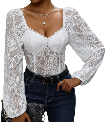 SHEKINI Dam elegant spets, nättyg, långärmad bodysuit med hjärtformad urringning och lyktärmar, spetsbody, topp, transparent, puffärmar, blusskjorta, Vit, S
